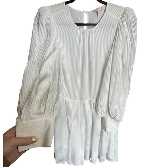 Rebecca Taylor Shadow Stripe Dress Long Peasant Sleeves Flowy Mini White Size 4 - Picture 2 of 15